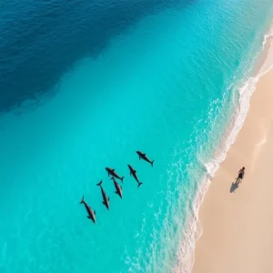 Vista aérea de Isla Mujeres com golfinhos nadando, convidando para uma experiência única na Riviera Maya.