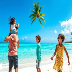 Família brasileira contemplando a beleza da praia em Riviera Maya, planejando sua aventura em Cancún.