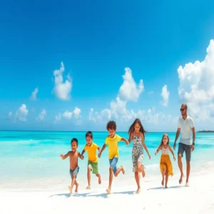 Família brasileira correndo feliz em uma praia de areia branca em Riviera Maya.