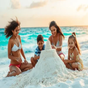 Família construindo castelo de areia em uma praia paradisíaca de Cancún.