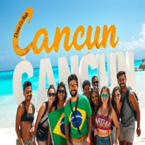 Grupo de turistas brasileiros sorrindo na famosa placa de Cancún em uma praia.