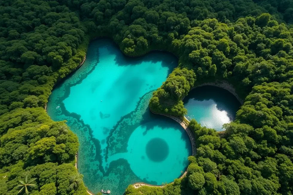 Visão aérea de cenotes cristalinos no meio da vegetação exuberante da Riviera Maya.