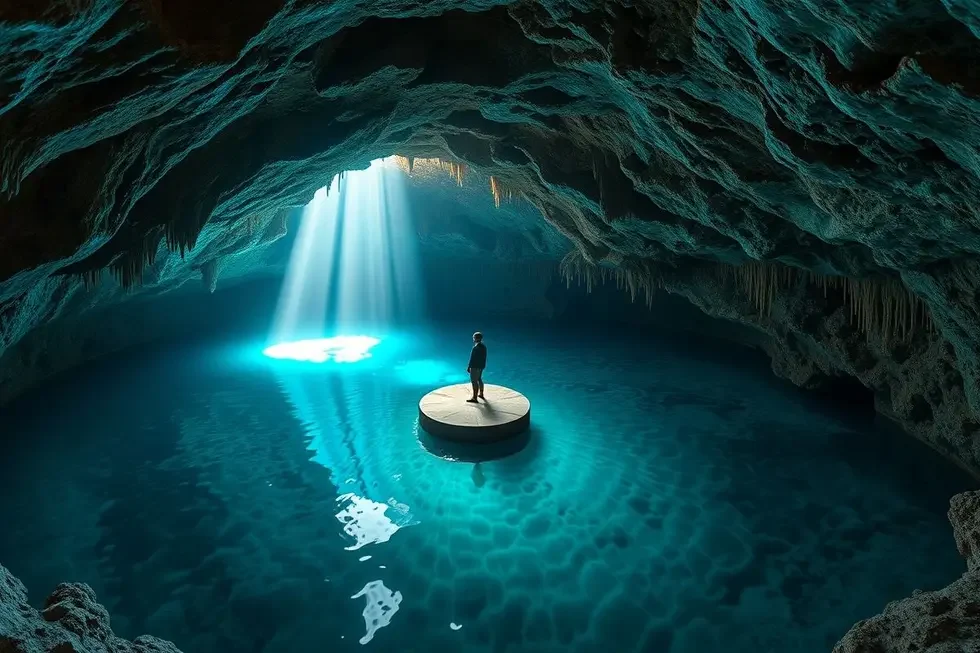 Vista panorâmica do interior do Cenote Suytun com um feixe de luz solar caindo sobre a água azul-turquesa.