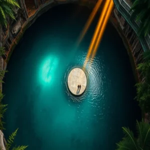 Vista aérea do Cenote Suytun com feixe de luz.