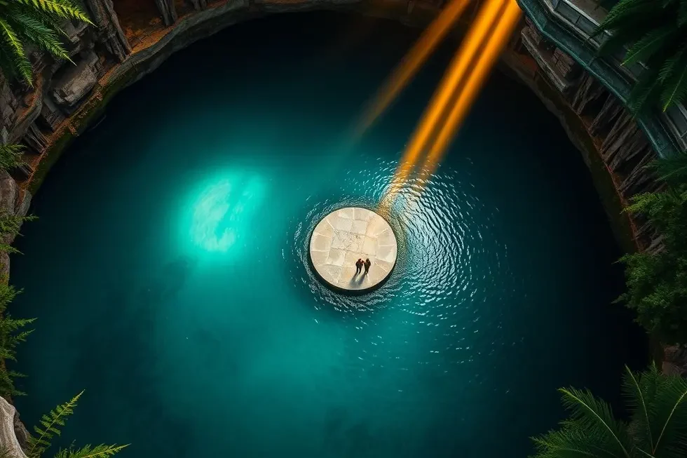 Vista aérea do Cenote Suytun com feixe de luz.