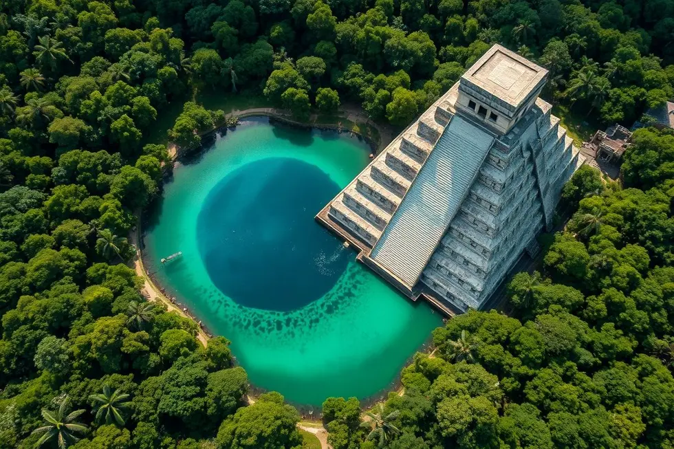 Visão aérea combinada de Chichen Itzá e do Cenote Ik Kil, destacando a beleza natural e histórica.