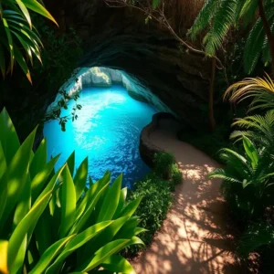 Entrada de um cenote exuberante perto de Cancún, com vegetação tropical e a água cristalina visível.