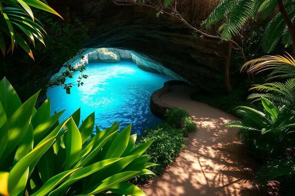 Entrada de um cenote exuberante perto de Cancún, com vegetação tropical e a água cristalina visível.