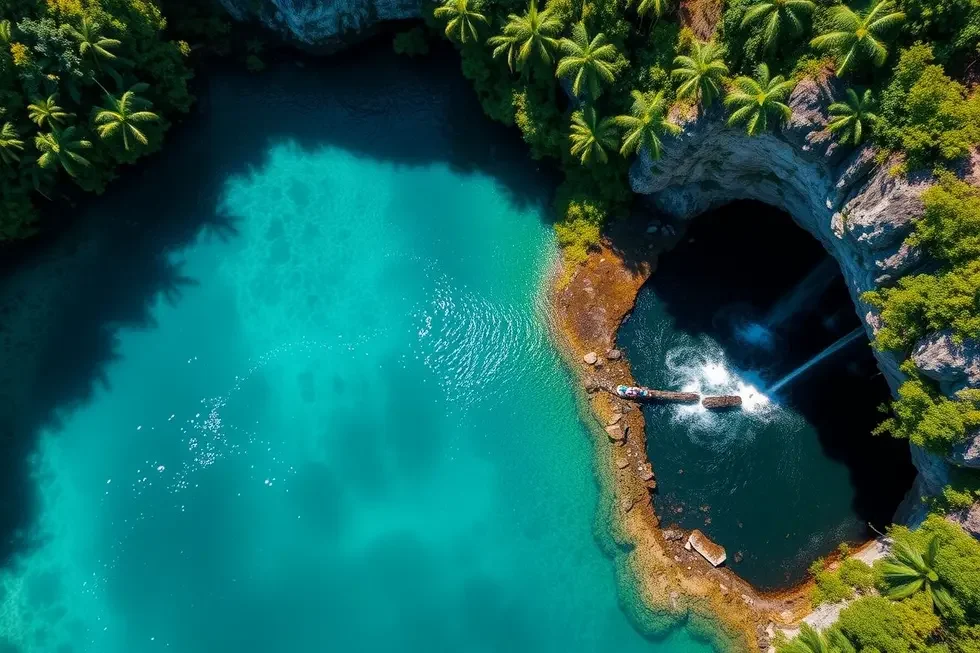 Vista aérea comparando a abertura do Gran Cenote com a entrada da caverna do Cenote Dos Ojos na Riviera Maya.