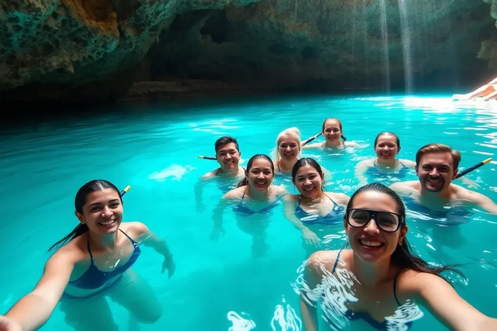 Grupo de turistas brasileiros se divertindo e explorando um cenote na Riviera Maya.