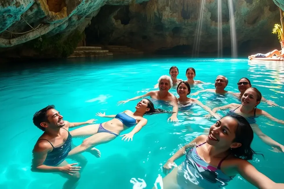 Grupo de turistas brasileiros sorrindo e nadando em um cenote com água azul turquesa e luz solar.