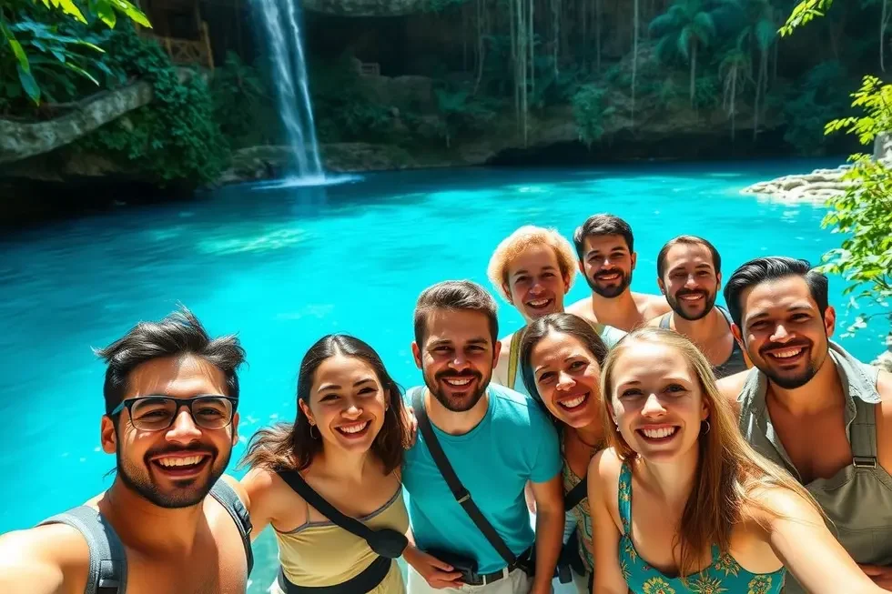 Grupo de turistas brasileiros sorrindo em frente a um cenote de águas azuis.