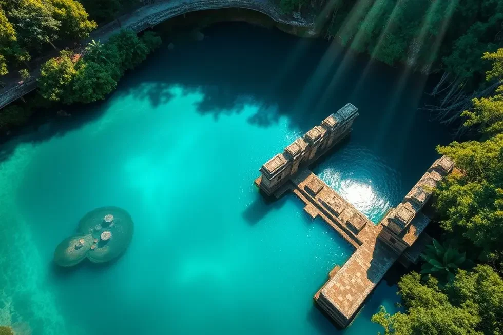 Vista aérea espetacular de um cenote cristalino na Riviera Maya.