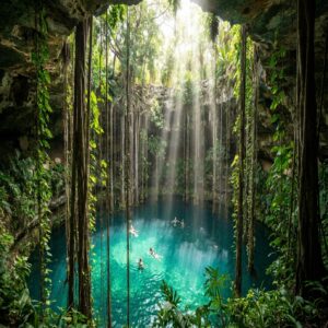 Cenote aberto perto de Cancún com água azul-turquesa, raízes pendentes e turistas nadando