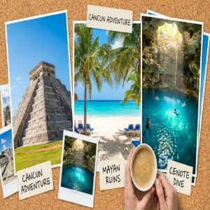 Colagem de viagem a Cancún com pirâmide de Chichén Itzá, praia turquesa e cenote