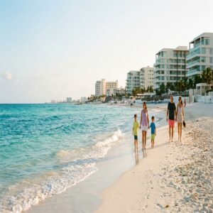 Praia tranquila e segura na zona hoteleira de Cancún ao pôr do sol