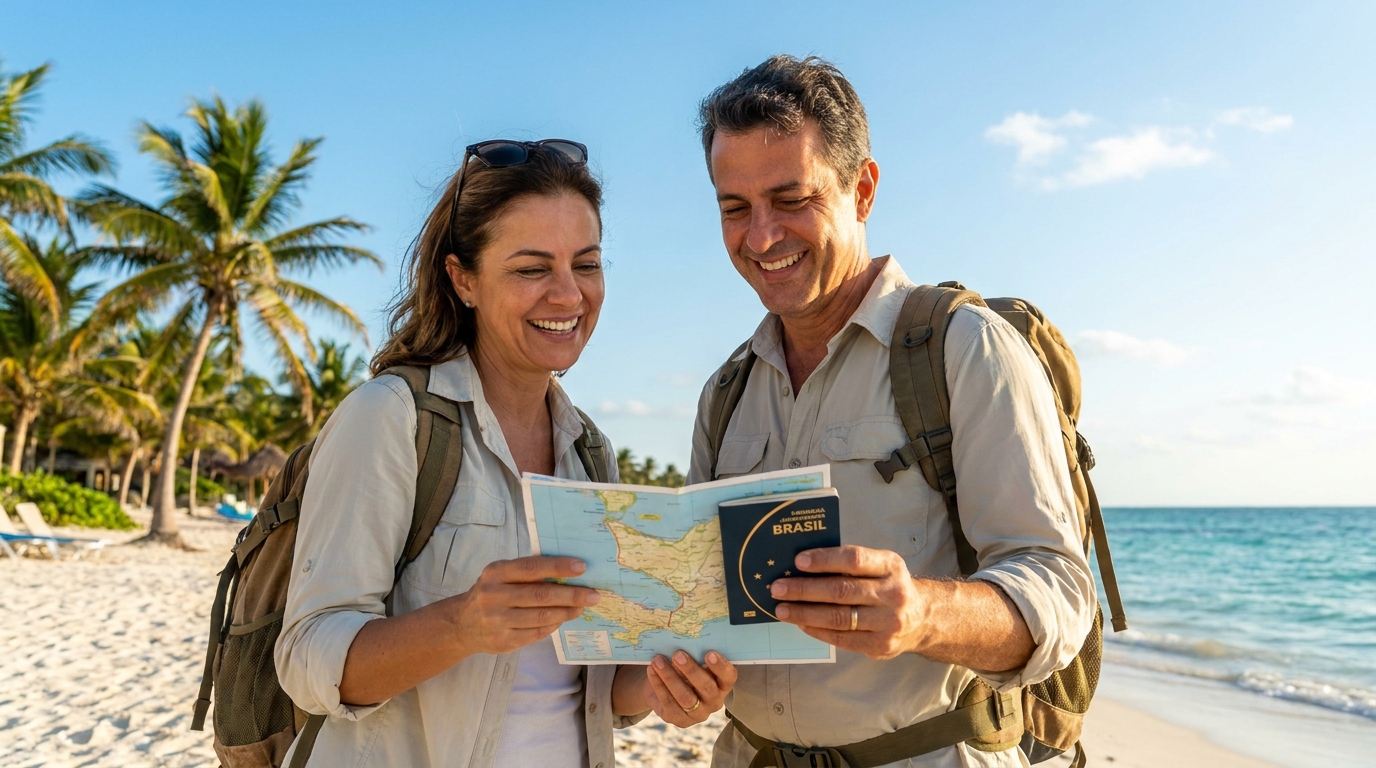 Casal de brasileiros com mochila e mapa em praia de Cancún