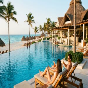 Resort all-inclusive à beira-mar em Cancún com piscina e mar turquesa