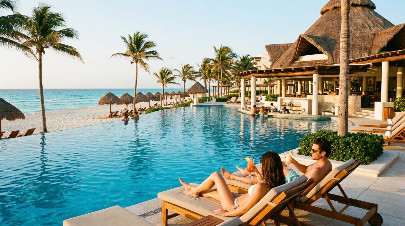 Resort all-inclusive à beira-mar em Cancún com piscina e mar turquesa