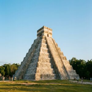 Pirâmide de Chichén Itzá ao sol da manhã com poucos turistas