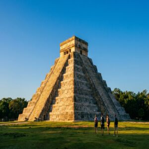 Pirâmide El Castillo de Chichén Itzá ao amanhecer com turistas na praça