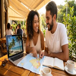Casal de brasileiros planejando viagem a Cancún no notebook