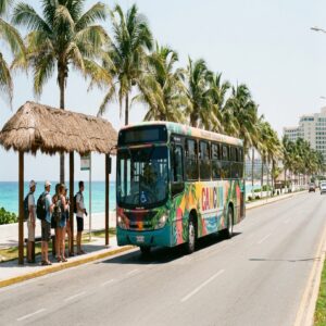 Ônibus urbano na avenida Kukulcan na zona hoteleira de Cancún