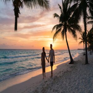 Casal caminhando na praia de Cancún ao pôr do sol
